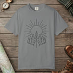 Grey color unisex graphic t-shirt with "Sunrise Pine" design