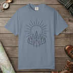 Blue Jean color unisex graphic t-shirt with "Sunrise Pine" design
