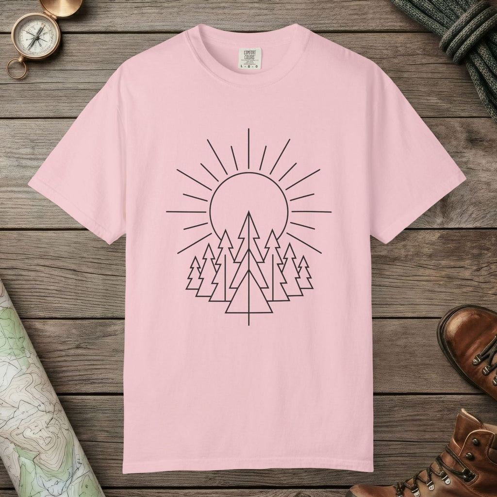 Blossom color unisex graphic t-shirt with "Sunrise Pine" design