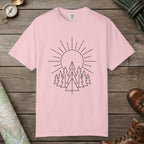 Blossom color unisex graphic t-shirt with "Sunrise Pine" design