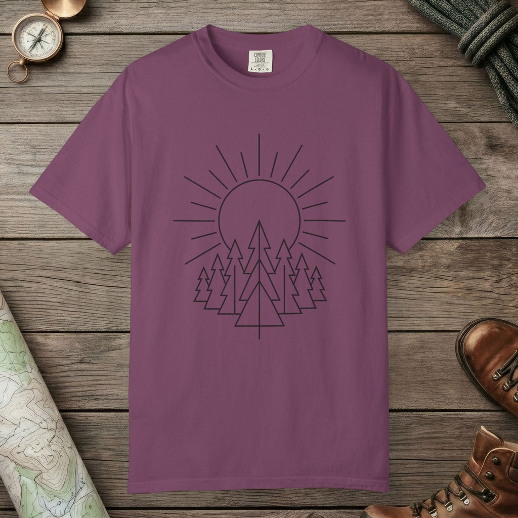 Berry color unisex graphic t-shirt with "Sunrise Pine" design