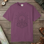 Berry color unisex graphic t-shirt with "Sunrise Pine" design
