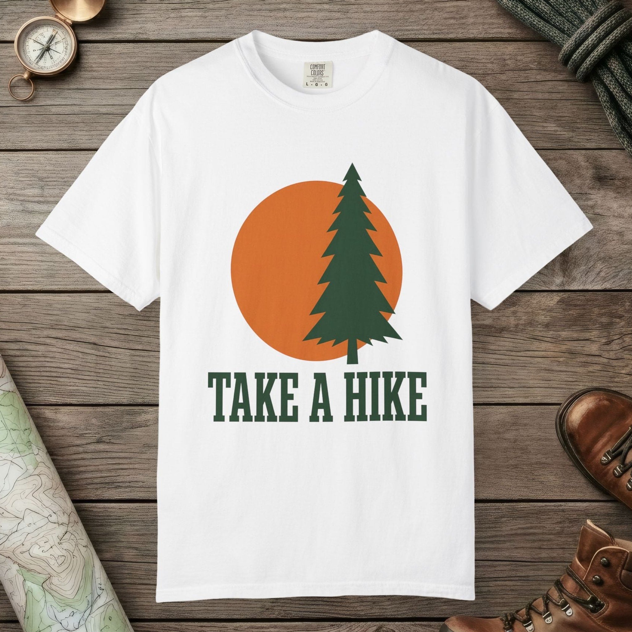 White color unisex graphic t-shirt with "Take A Hike" design