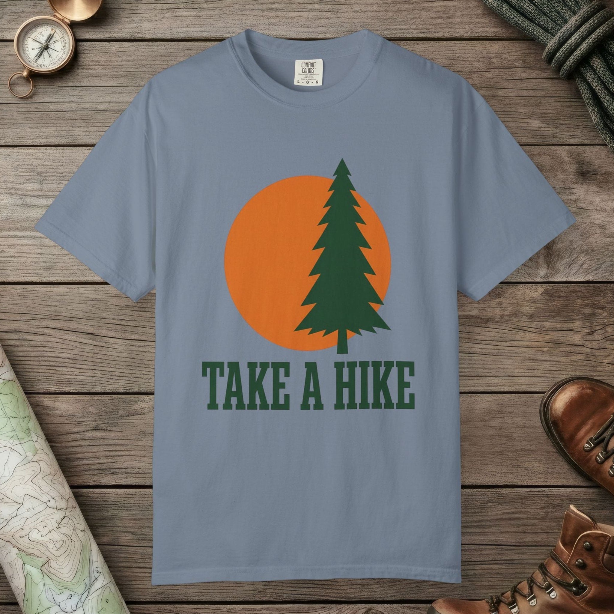 Blue Jean color unisex graphic t-shirt with "Take A Hike" design