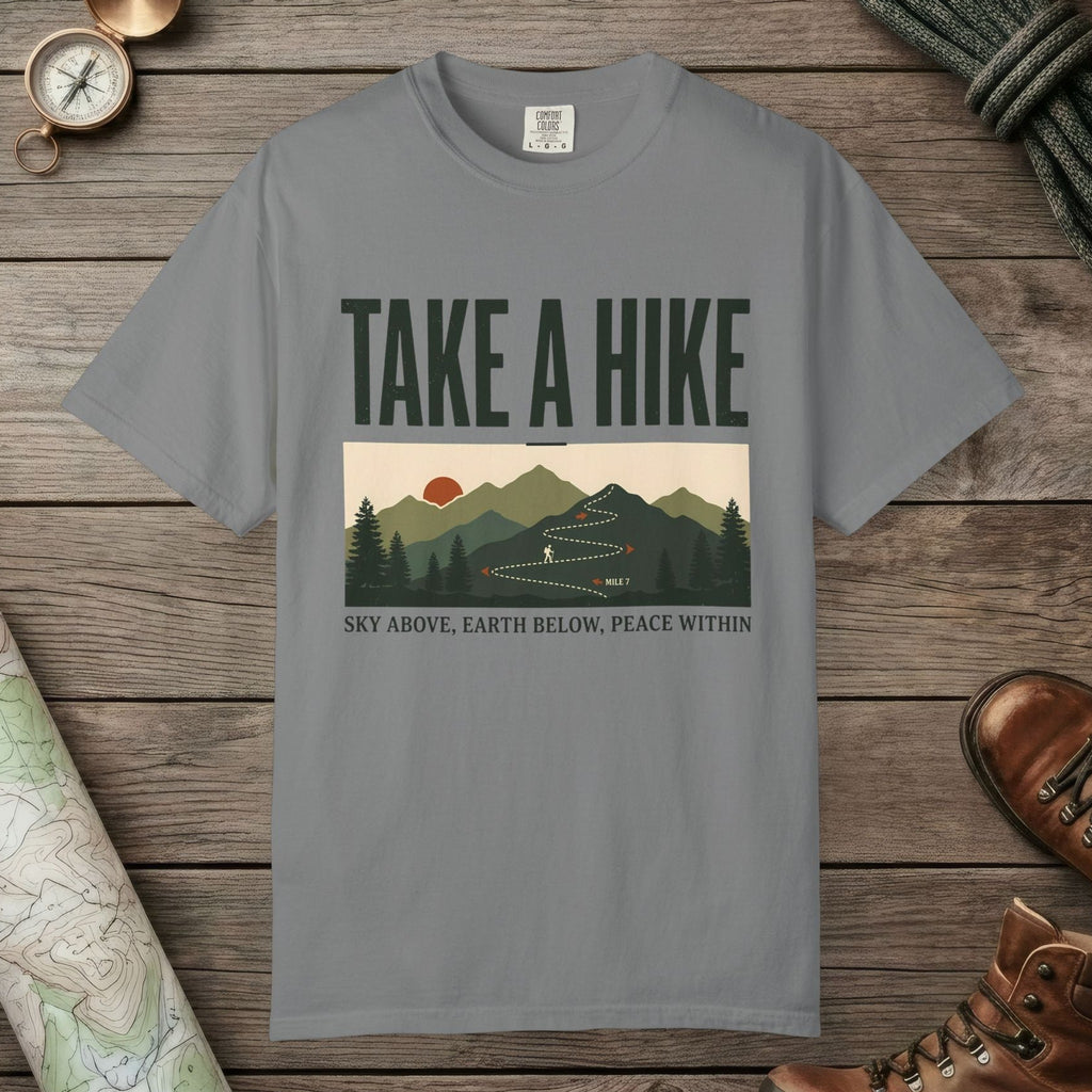 Grey color unisex graphic t-shirt with "Take A Hike" design