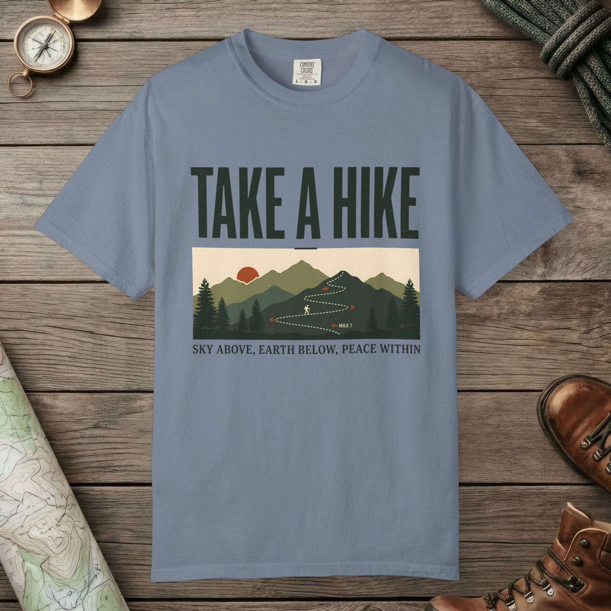 Blue Jean color unisex graphic t-shirt with "Take A Hike" design