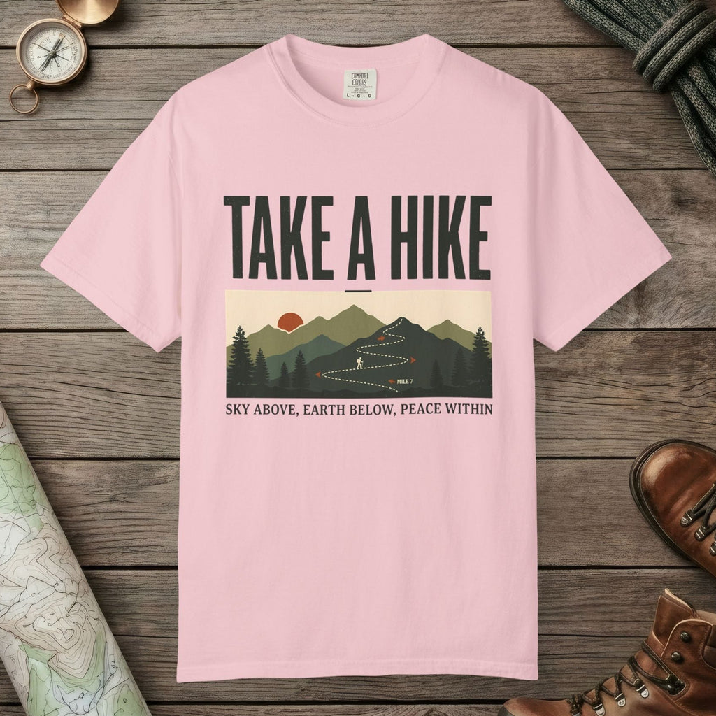 Blossom color unisex graphic t-shirt with "Take A Hike" design