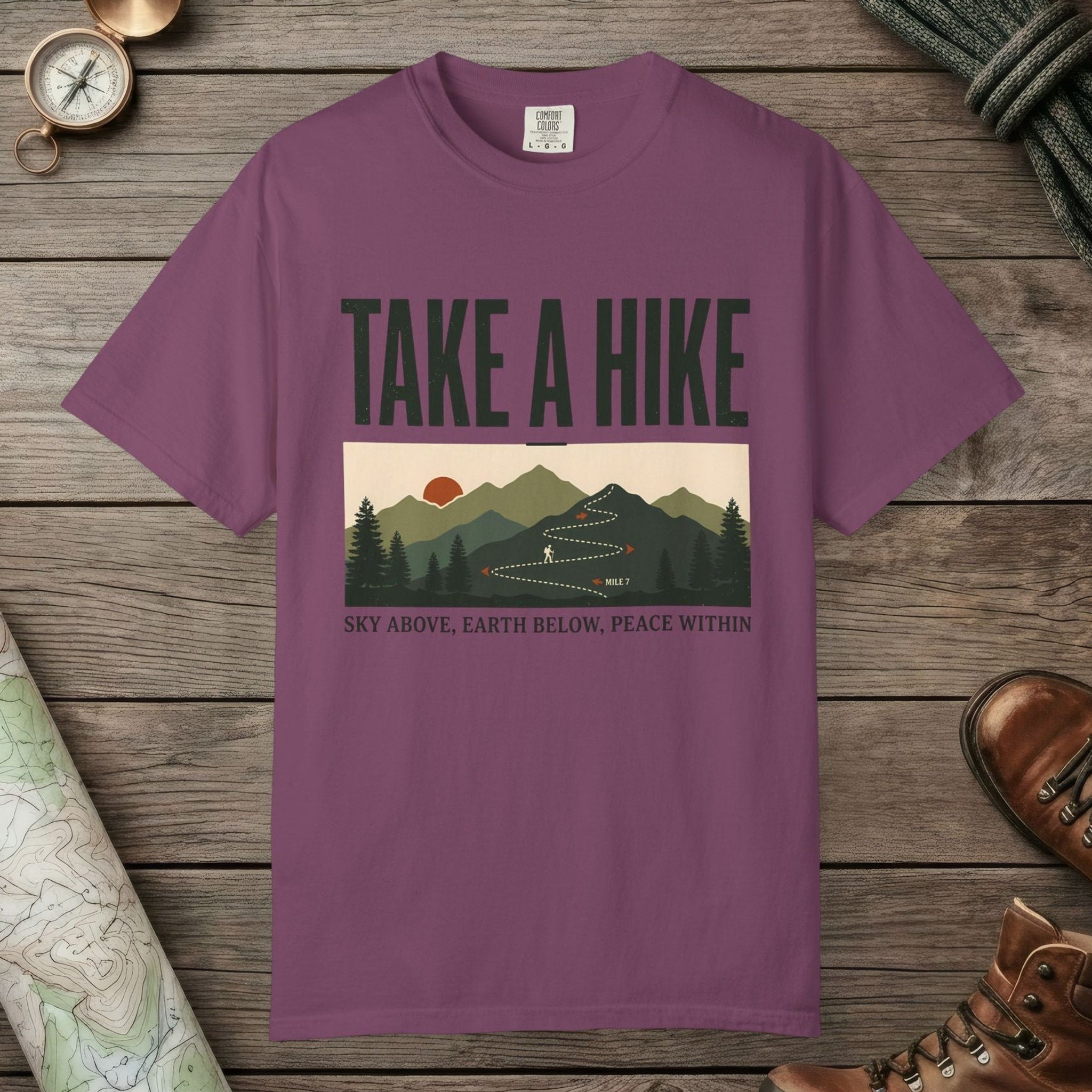 Berry color unisex graphic t-shirt with "Take A Hike" design