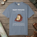 Blue Jean color unisex graphic t-shirt with "Tent Potato Definition" design