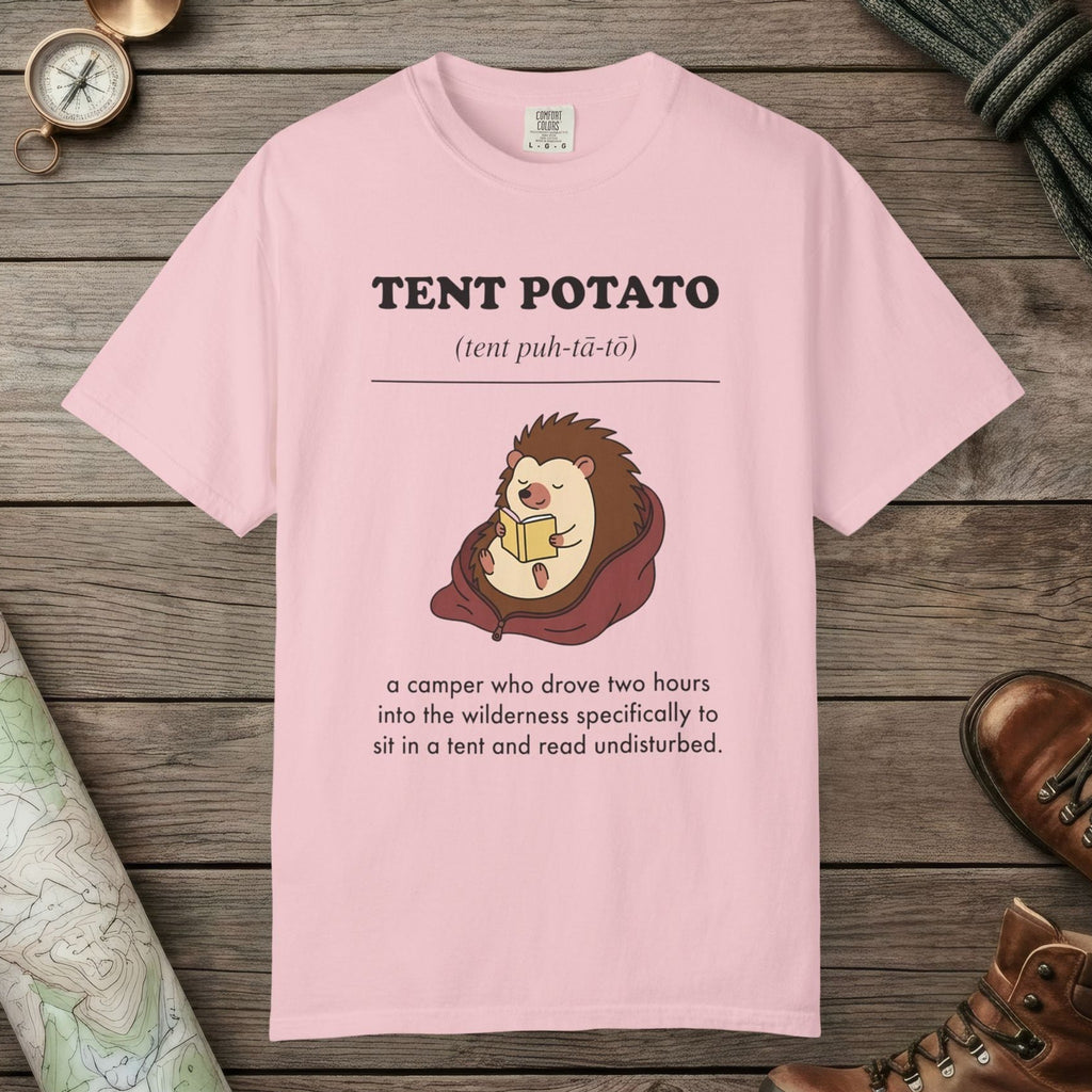 Blossom color unisex graphic t-shirt with "Tent Potato Definition" design