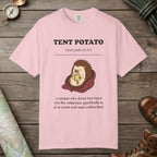 Blossom color unisex graphic t-shirt with "Tent Potato Definition" design