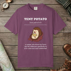 Berry color unisex graphic t-shirt with "Tent Potato Definition" design