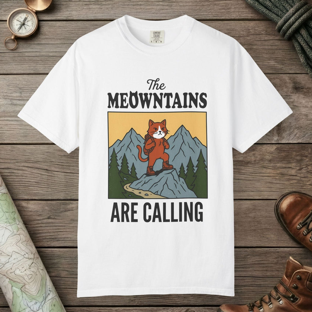 White color unisex graphic t-shirt with "The Meowntains Are Calling" design