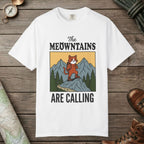 White color unisex graphic t-shirt with "The Meowntains Are Calling" design