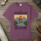 Berry color unisex graphic t-shirt with "The Meowntains Are Calling" design