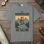 Grey color unisex graphic t-shirt with "The Meowntains Are Calling" design