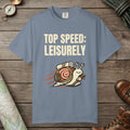 Blue Jean color unisex graphic t-shirt with "Top Speed Snail" design