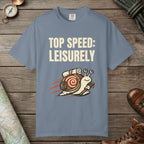 Blue Jean color unisex graphic t-shirt with "Top Speed Snail" design