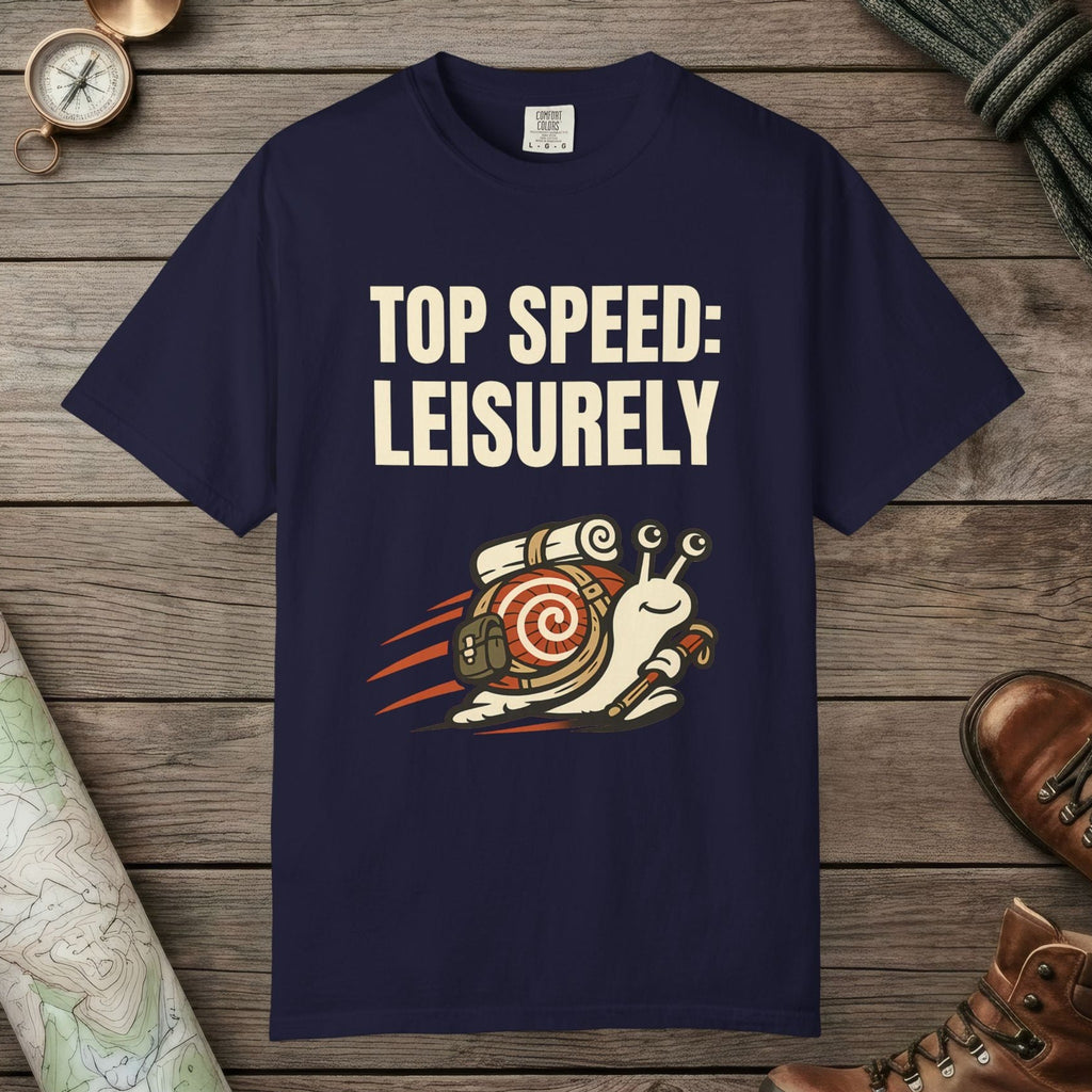 True Navy color unisex graphic t-shirt with "Top Speed Snail" design