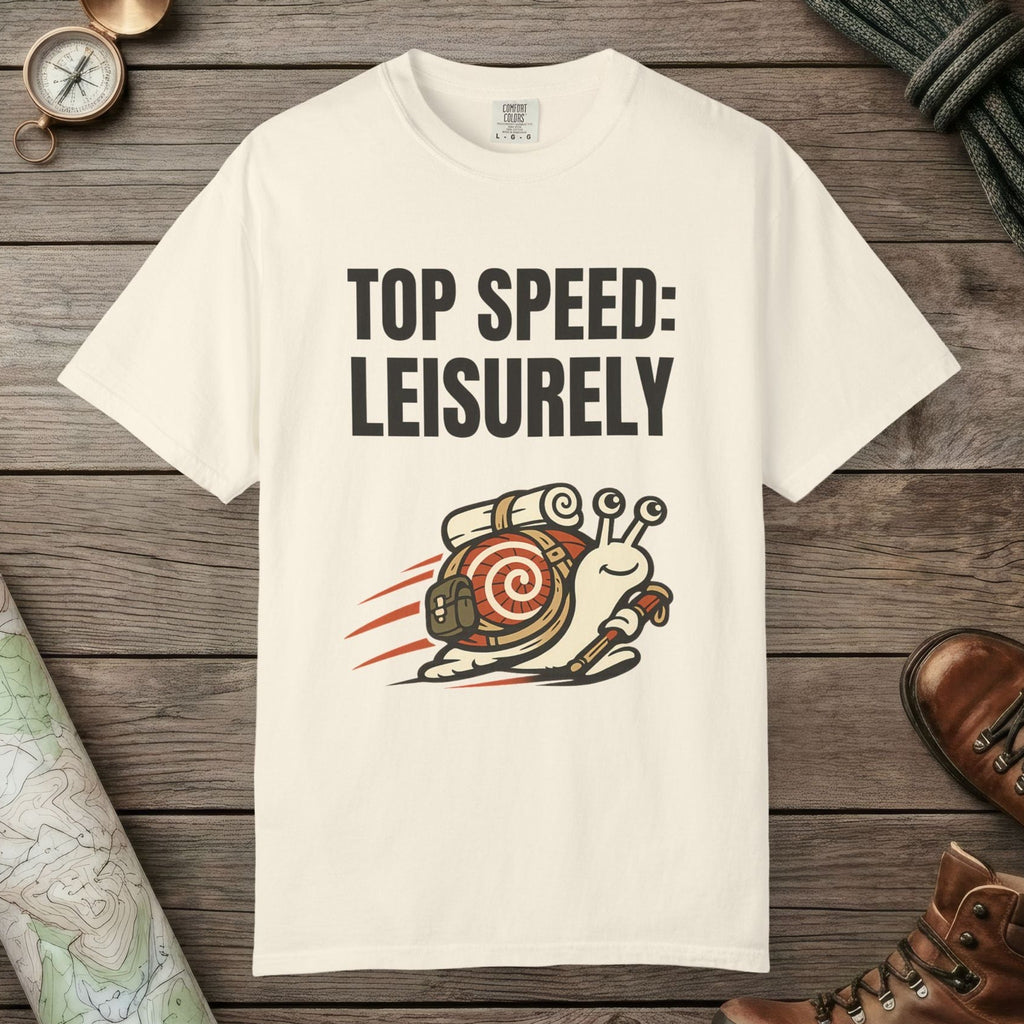 Ivory color unisex graphic t-shirt with "Top Speed Snail" design