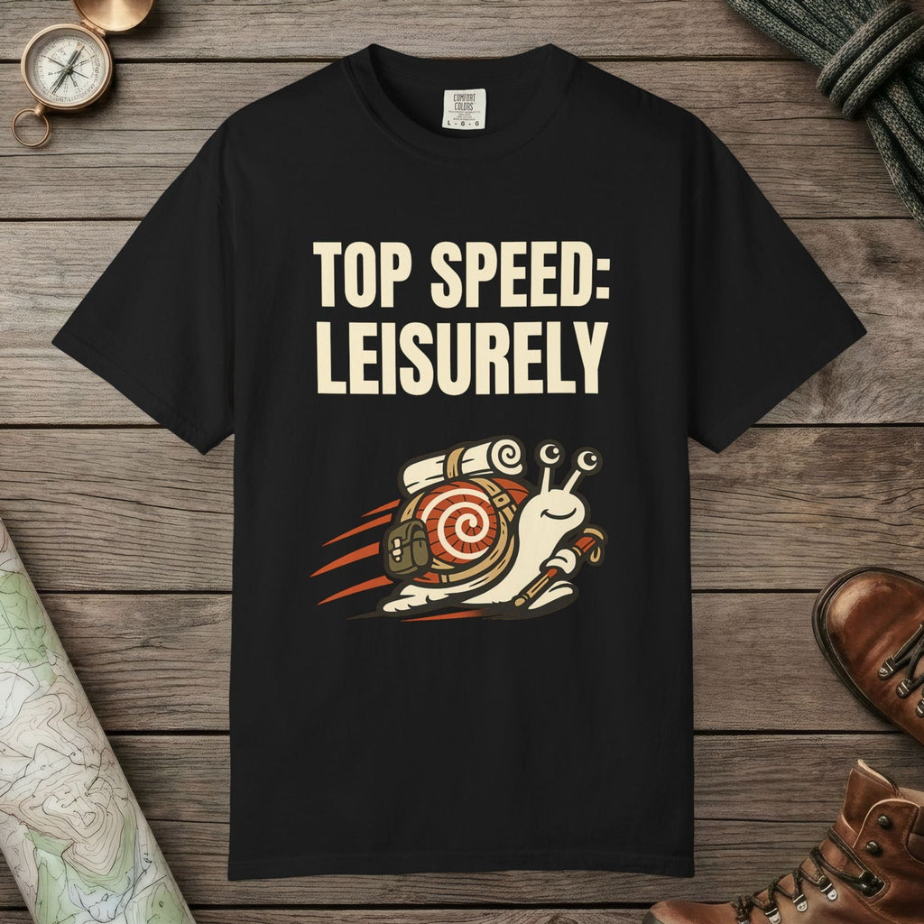 Black color unisex graphic t-shirt with "Top Speed Snail" design