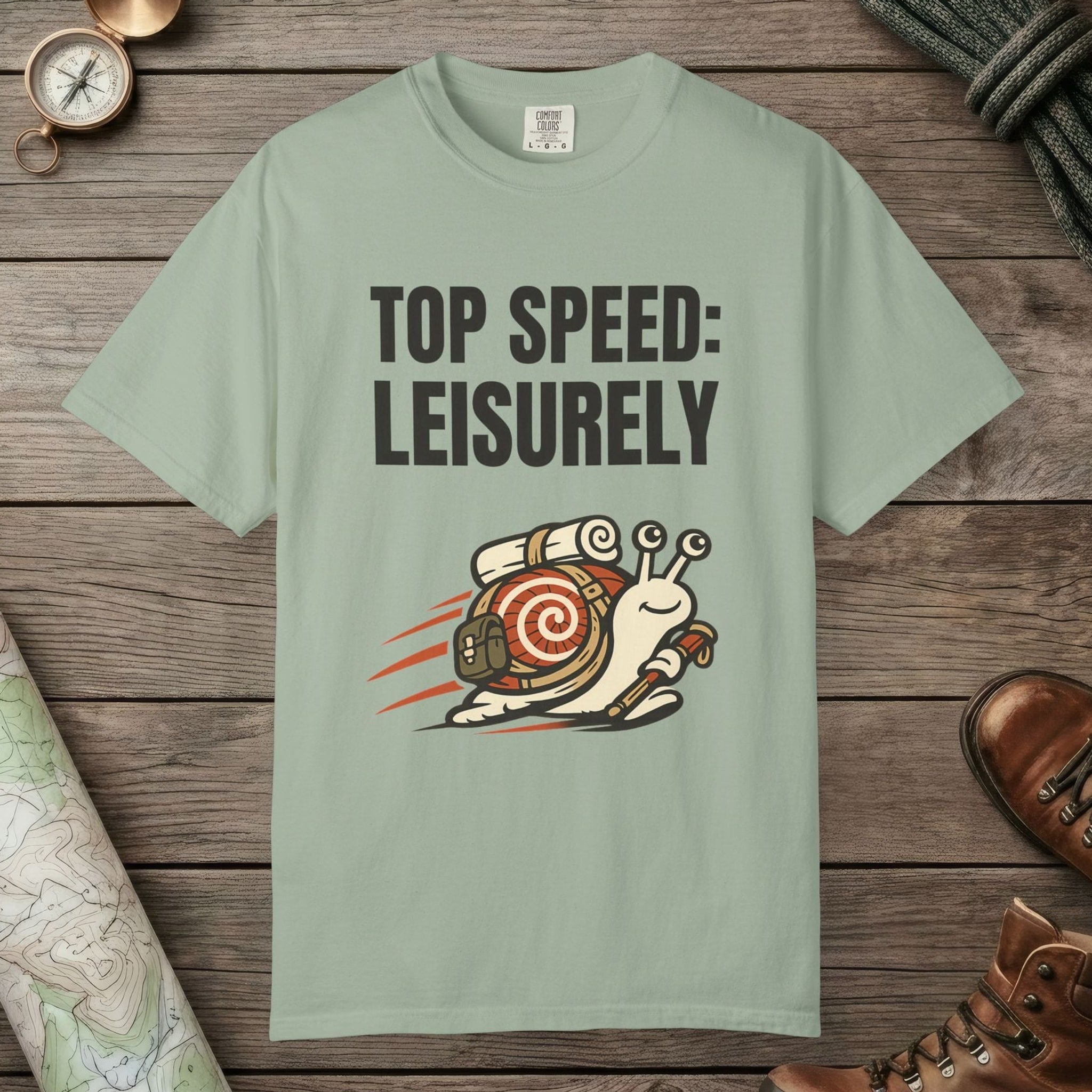 Bay color unisex graphic t-shirt with "Top Speed Snail" design