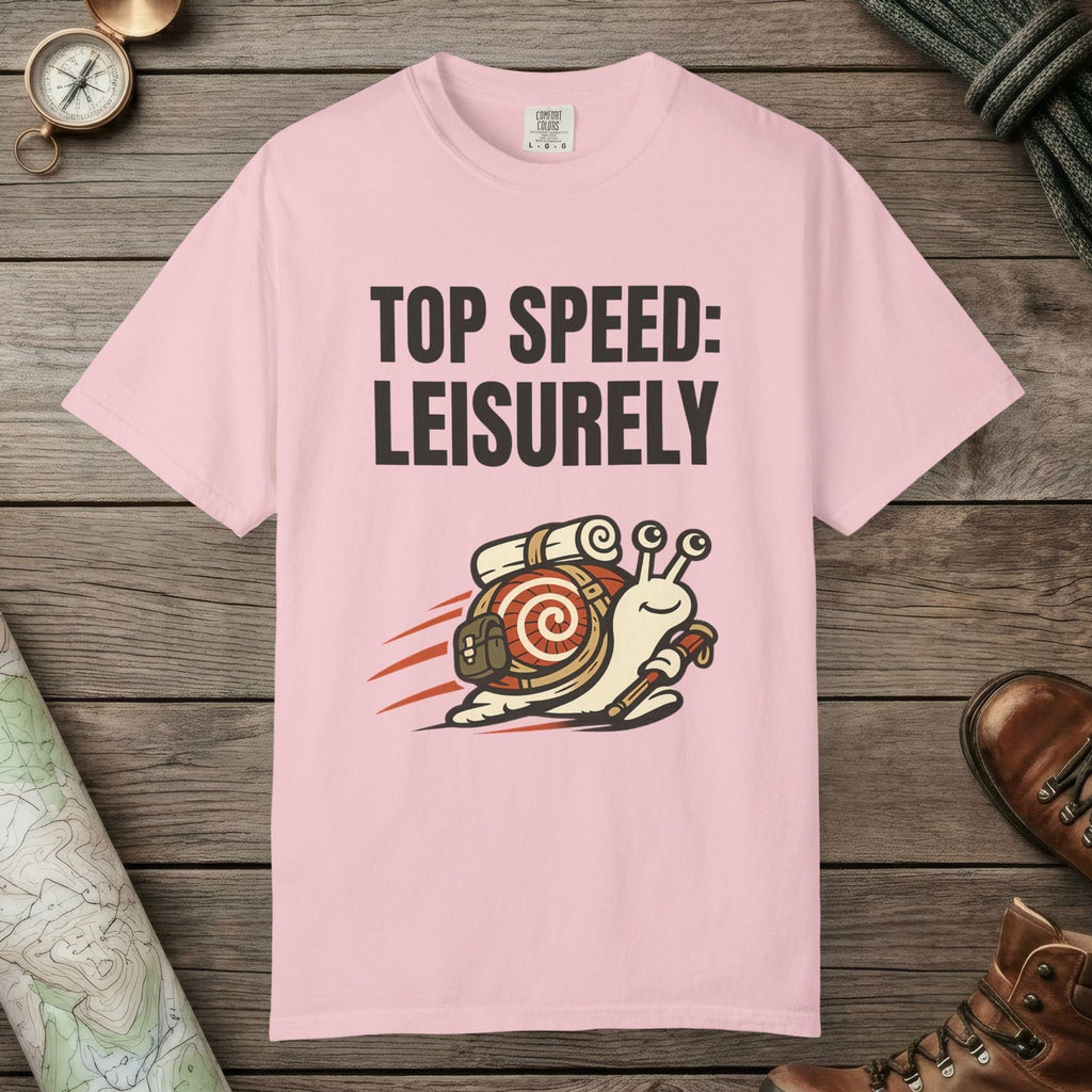 Blossom color unisex graphic t-shirt with "Top Speed Snail" design