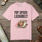 Blossom color unisex graphic t-shirt with "Top Speed Snail" design