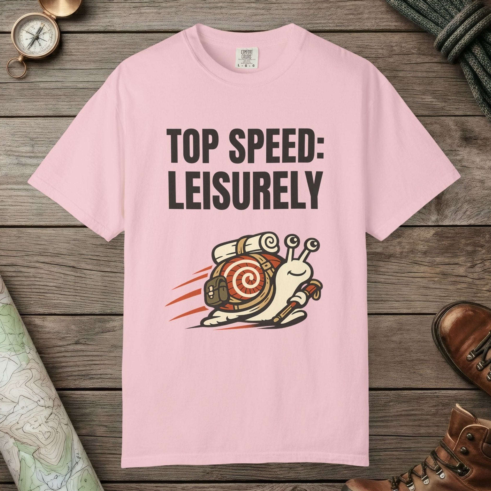 Blossom color unisex graphic t-shirt with "Top Speed Snail" design