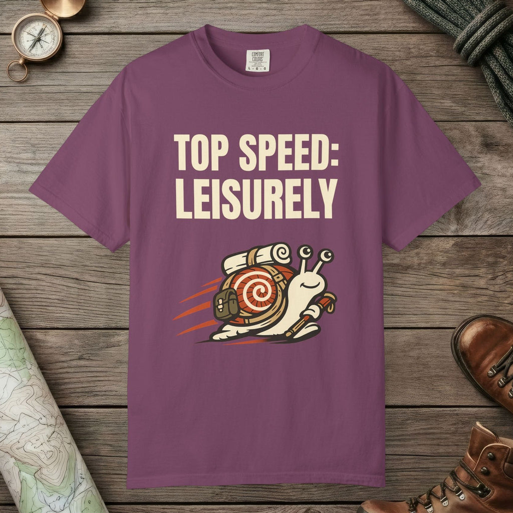 Berry color unisex graphic t-shirt with "Top Speed Snail" design