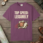 Berry color unisex graphic t-shirt with "Top Speed Snail" design