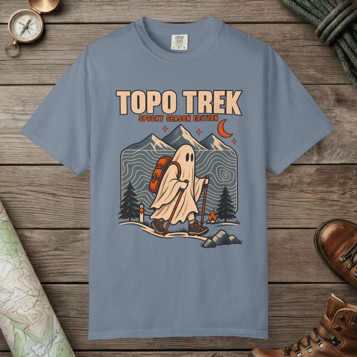 Blue Jean color unisex graphic t-shirt with "Topo Ghost Trek" design