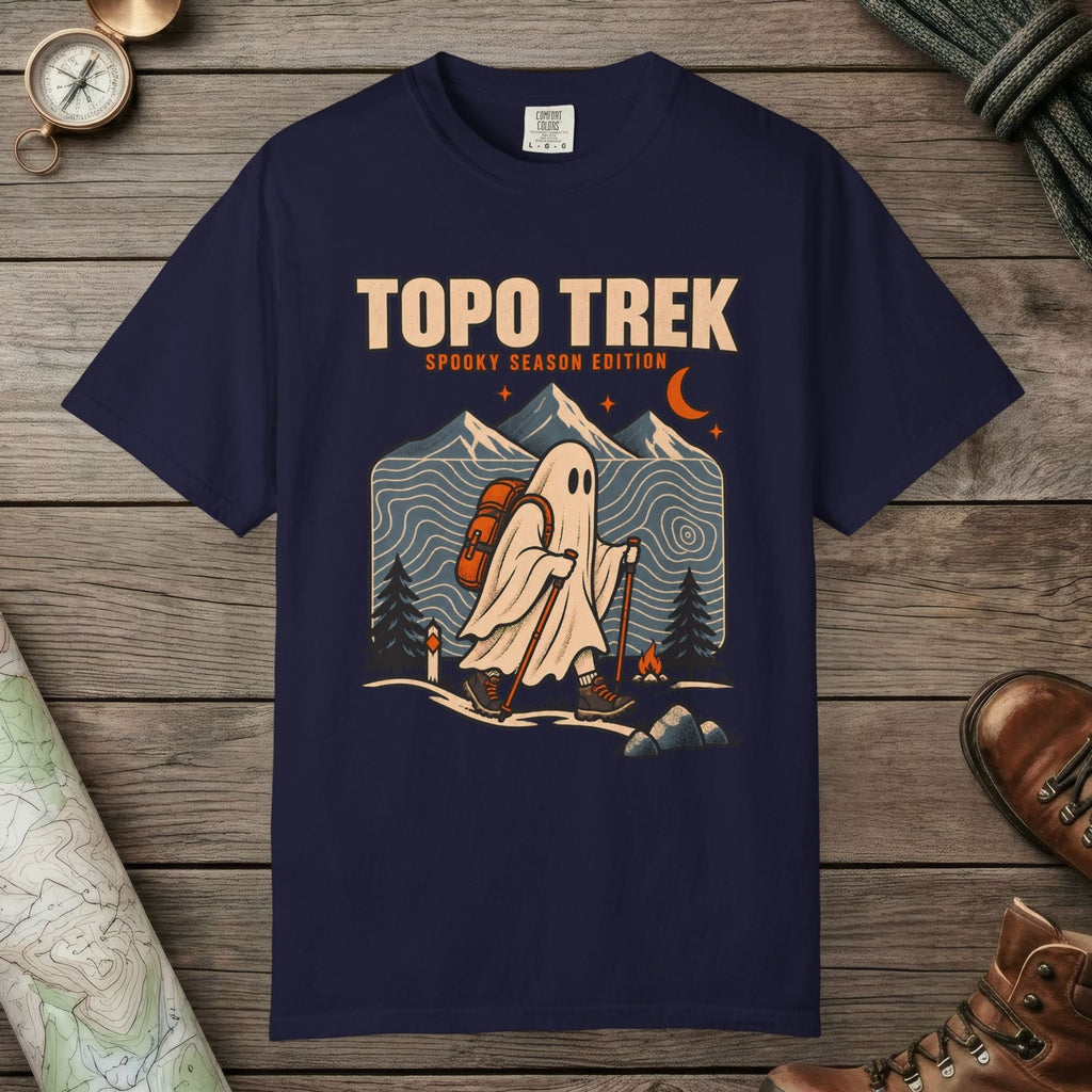 True Navy color unisex graphic t-shirt with "Topo Ghost Trek" design