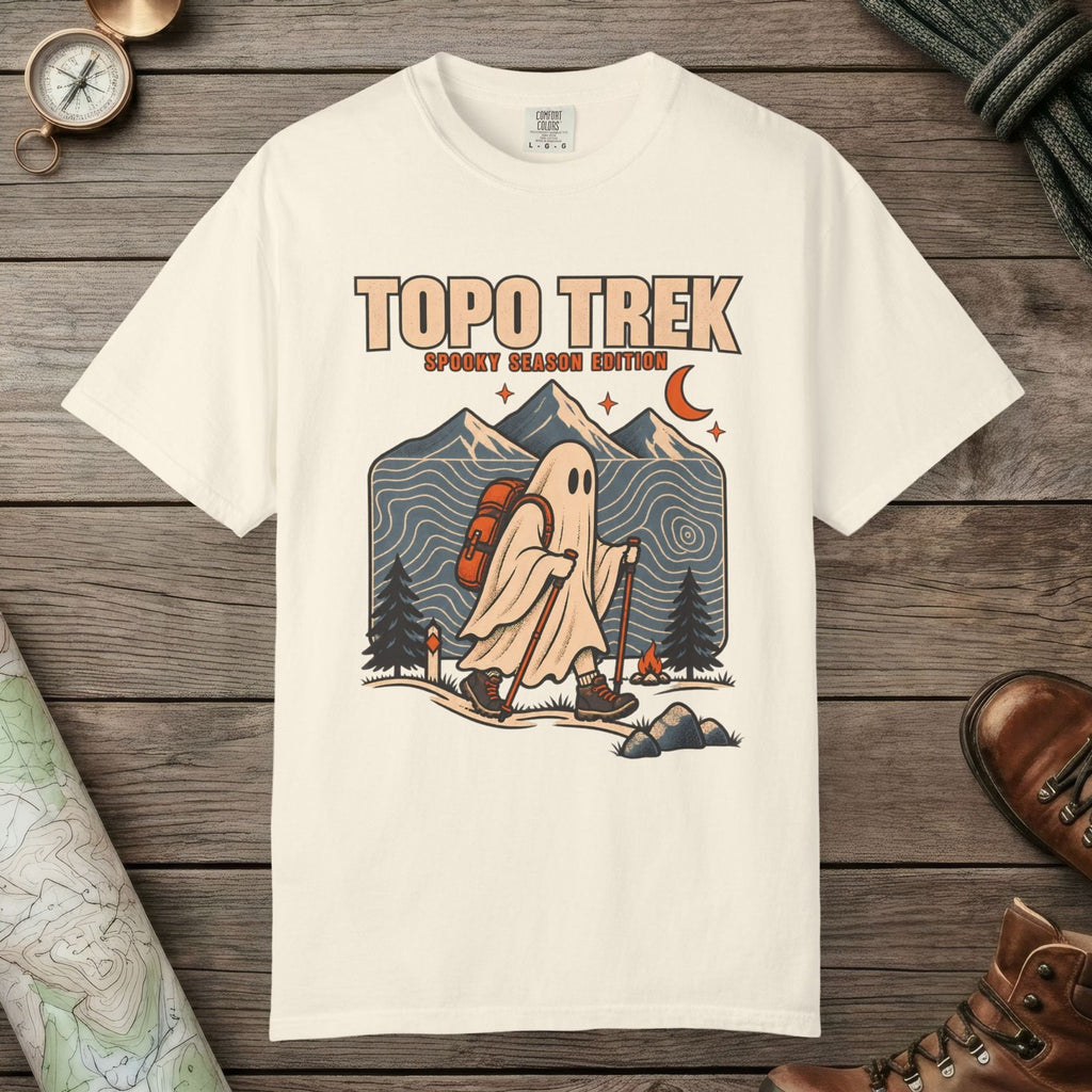 Ivory color unisex graphic t-shirt with "Topo Ghost Trek" design