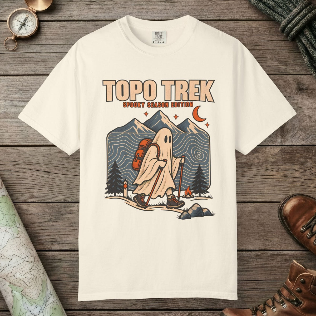 Ivory color unisex graphic t-shirt with "Topo Ghost Trek" design