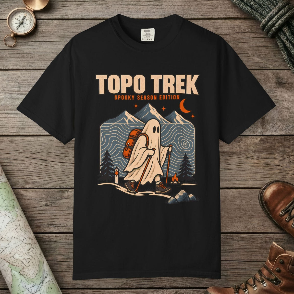 Black color unisex graphic t-shirt with "Topo Ghost Trek" design