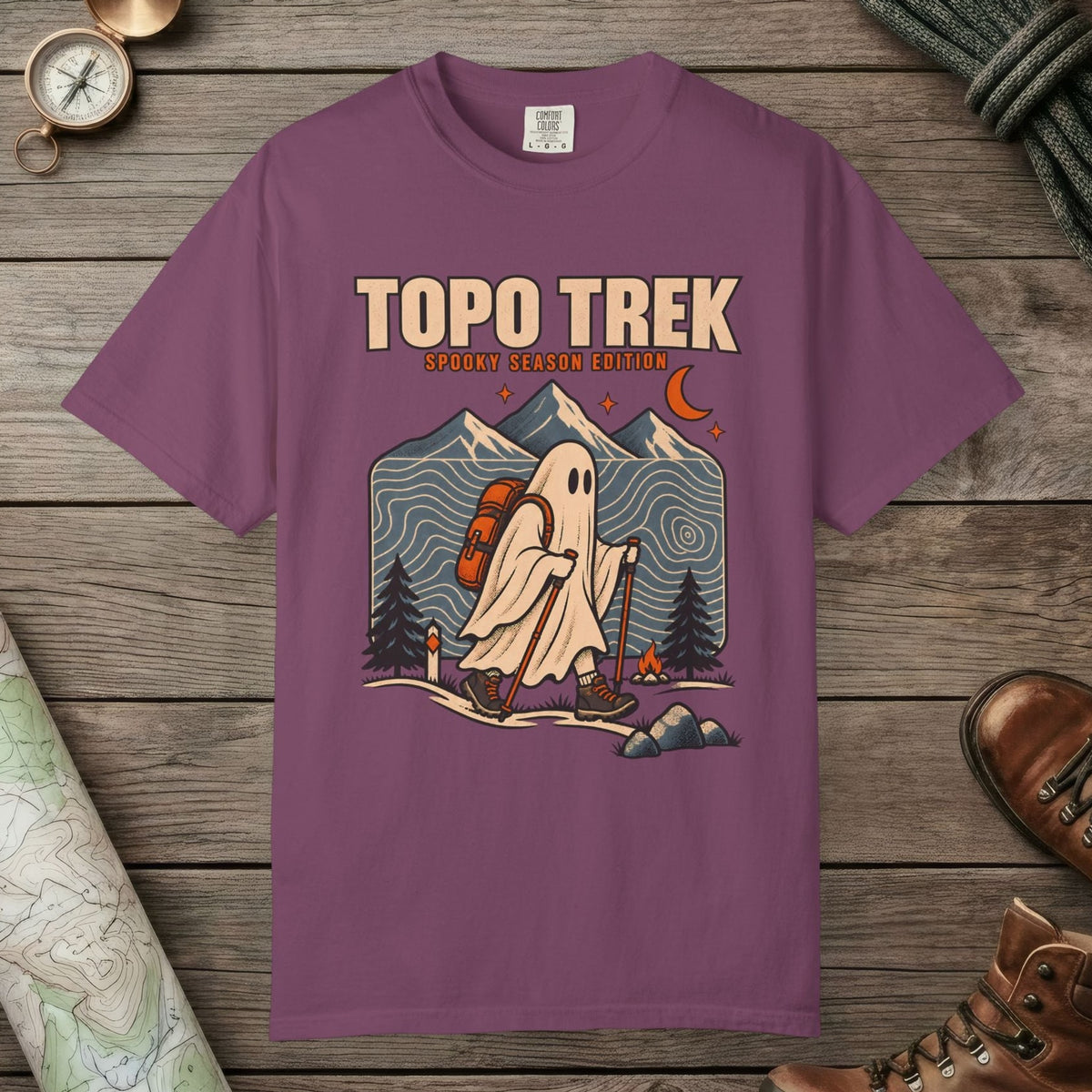 Berry color unisex graphic t-shirt with "Topo Ghost Trek" design