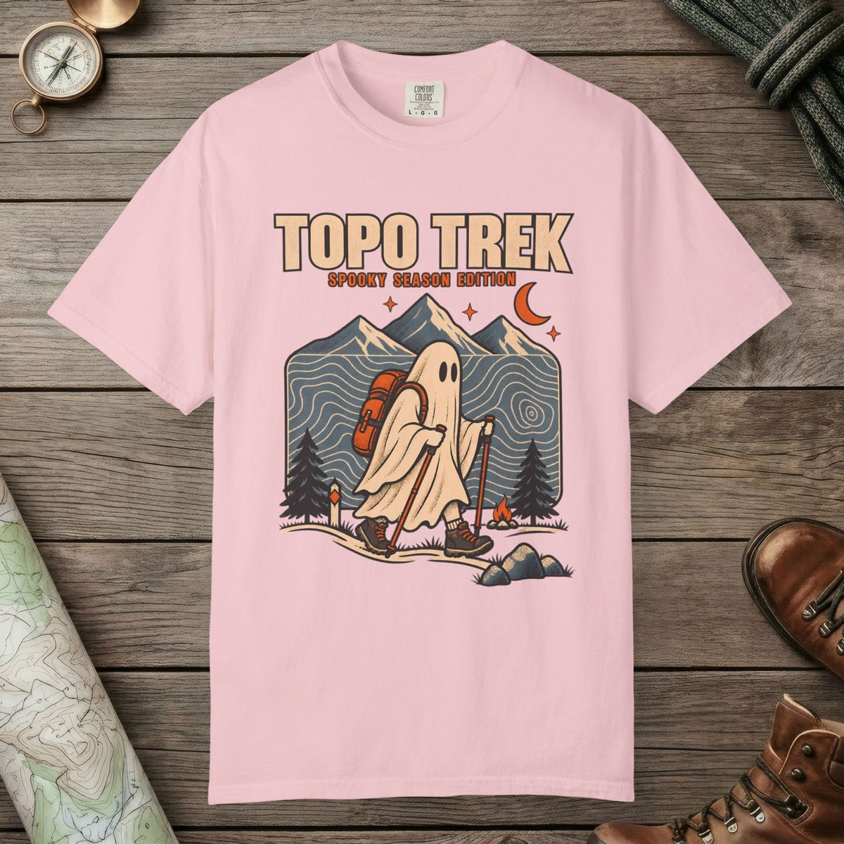 Blossom color unisex graphic t-shirt with "Topo Ghost Trek" design