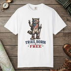 White color unisex graphic t-shirt with "Trail Born And Free" design