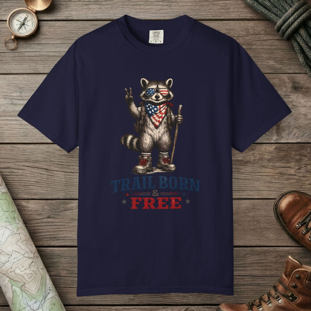 True Navy color unisex graphic t-shirt with "Trail Born And Free" design