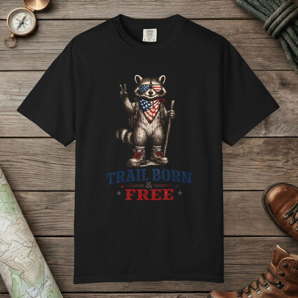 Black color unisex graphic t-shirt with "Trail Born And Free" design