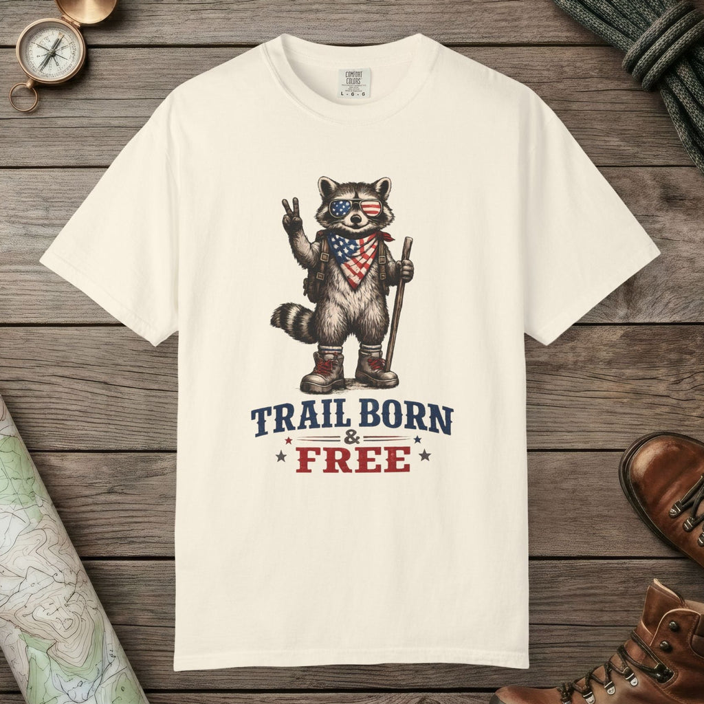 Ivory color unisex graphic t-shirt with "Trail Born And Free" design
