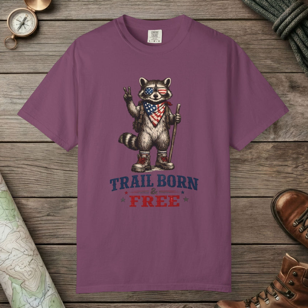 Berry color unisex graphic t-shirt with "Trail Born And Free" design
