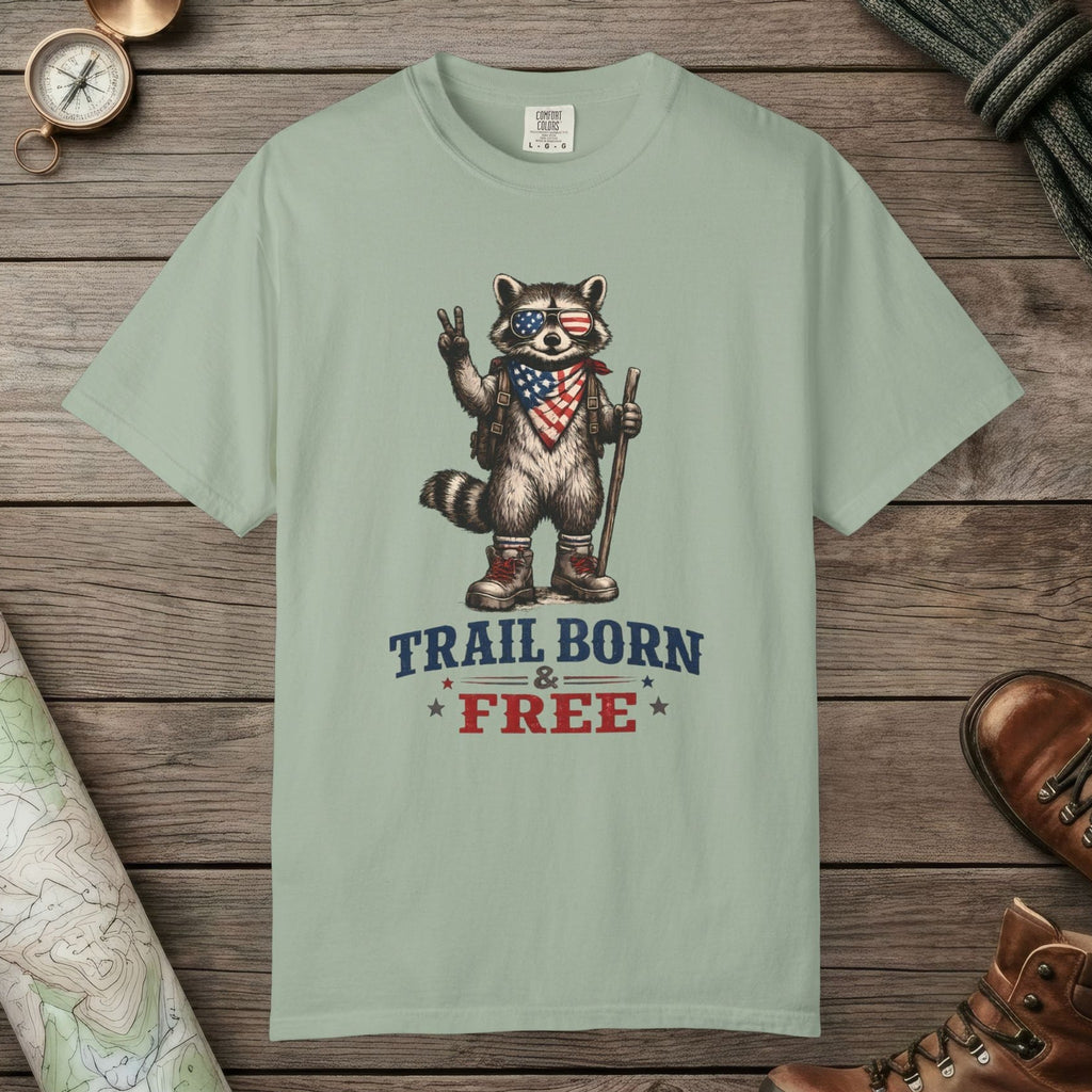 Bay color unisex graphic t-shirt with "Trail Born And Free" design