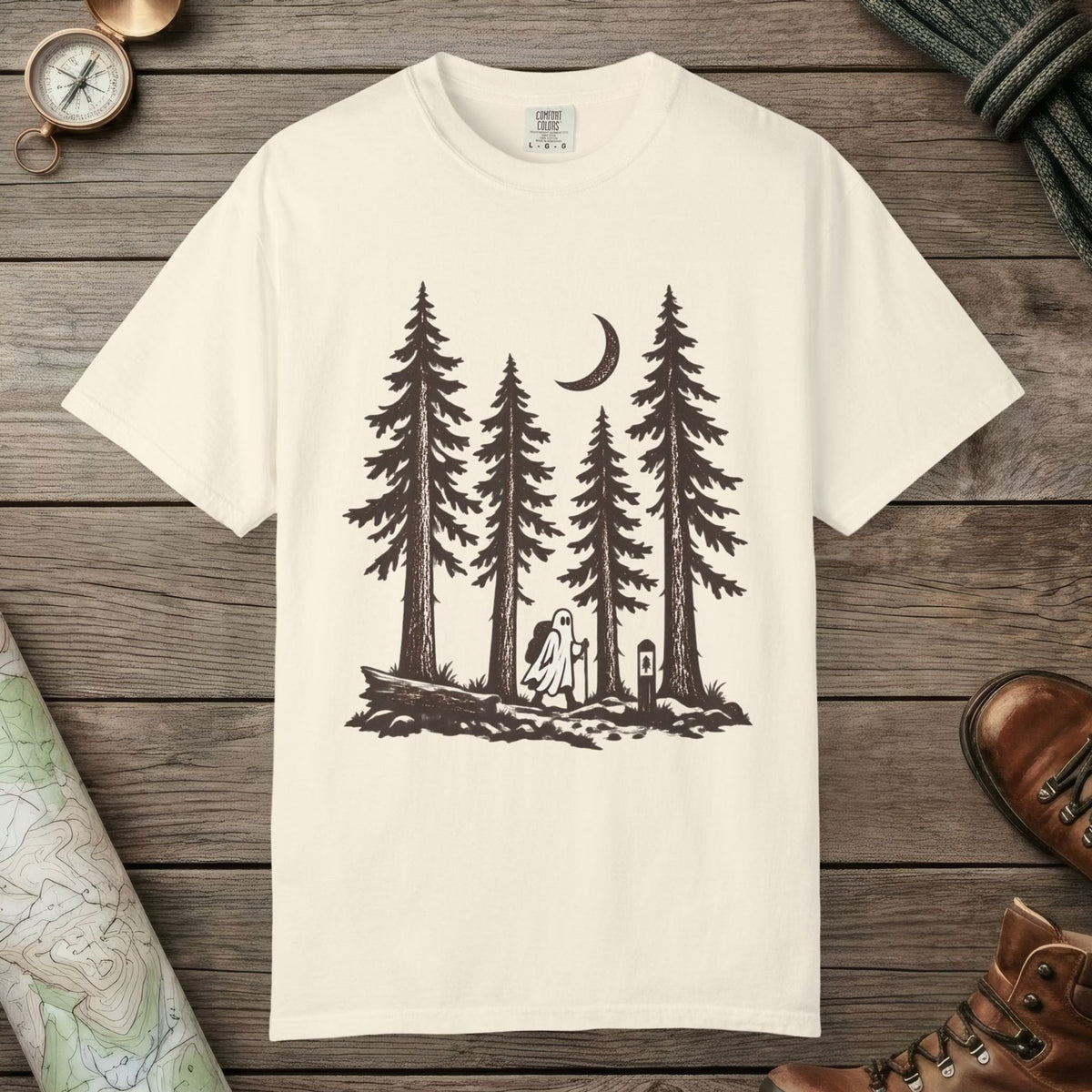 Ivory color unisex graphic t-shirt with "Trail Ghost" design
