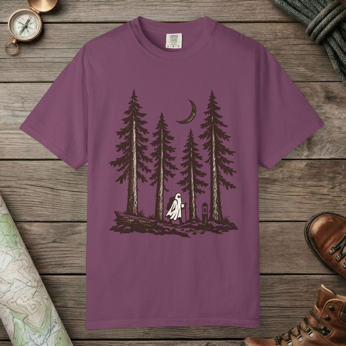 Berry color unisex graphic t-shirt with "Trail Ghost" design