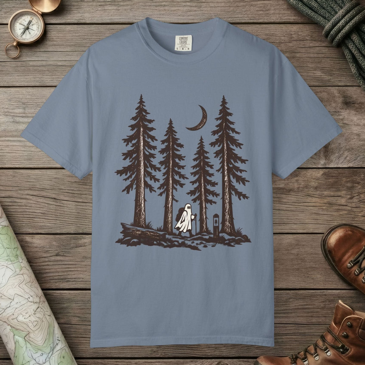 Blue Jean color unisex graphic t-shirt with "Trail Ghost" design