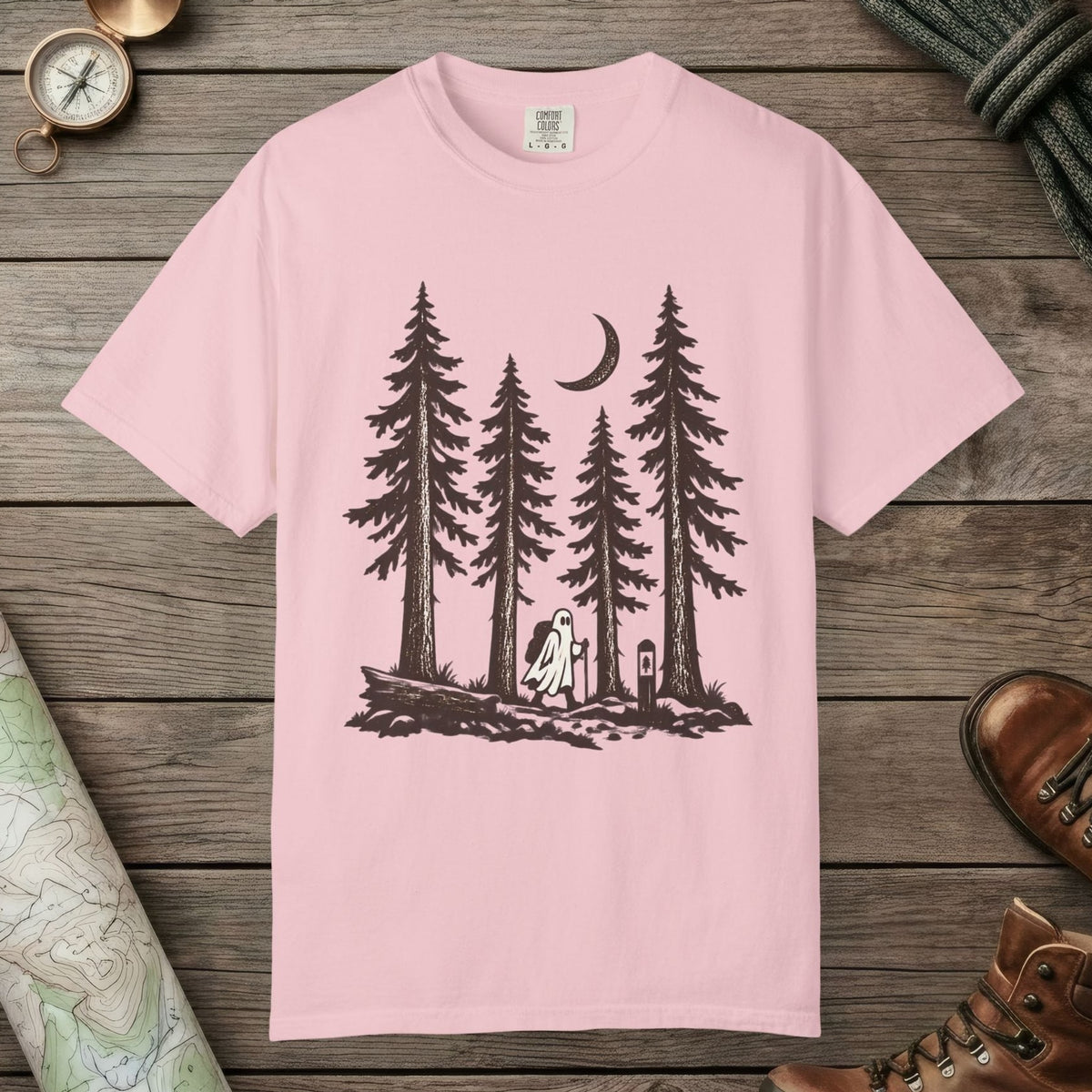 Blossom color unisex graphic t-shirt with "Trail Ghost" design