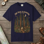 True Navy color unisex graphic t-shirt with "Trail Is Haunted" design
