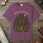 Berry color unisex graphic t-shirt with "Trail Is Haunted" design